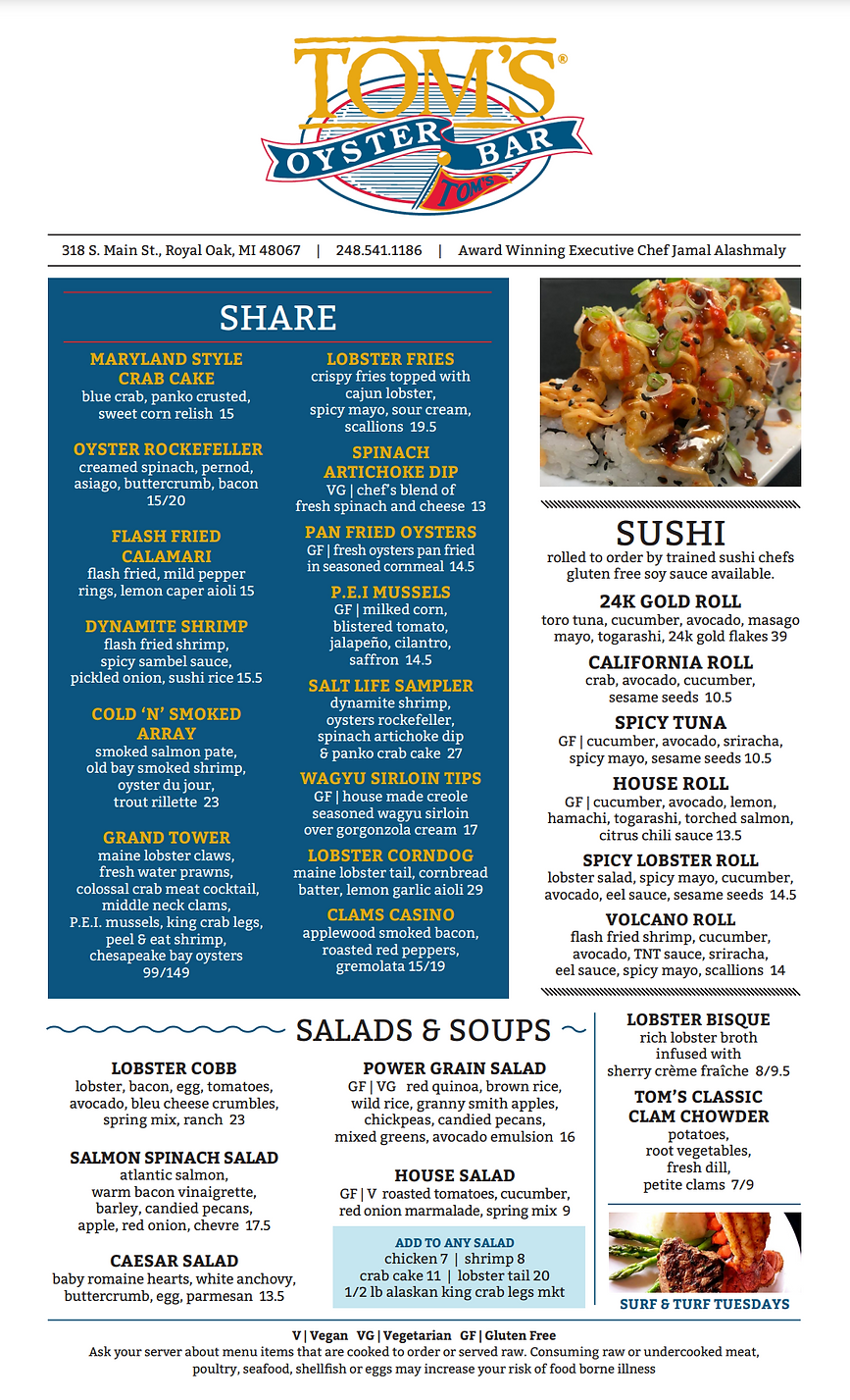 Tom's Oyster Bar Menu Royal Oak